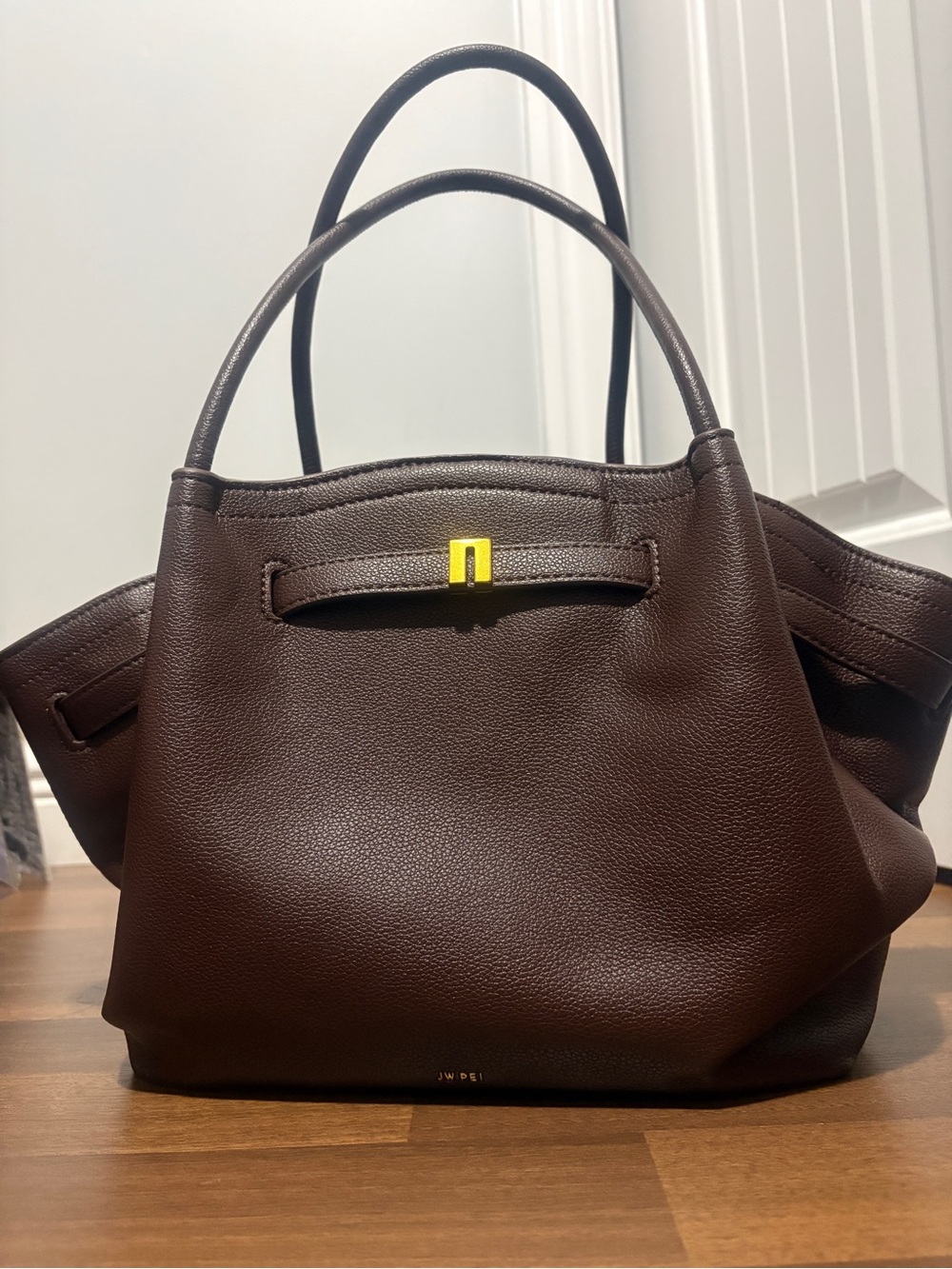 JW PEI Chocolate Brown Pebbled Tote with Gold Accent